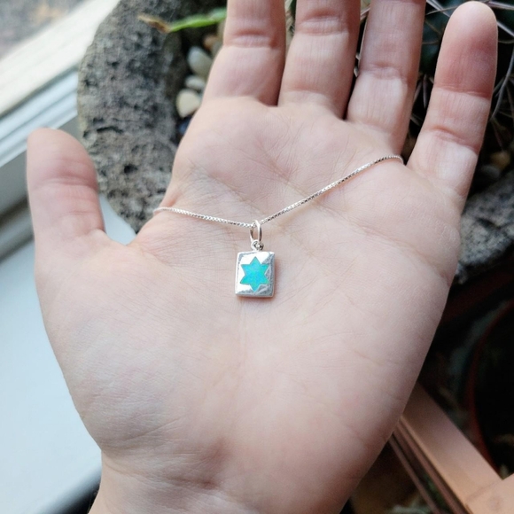 New Solid 925 Sterling Silver Star of David Square Blue Triplet Opal Necklace - Picture 5 of 8